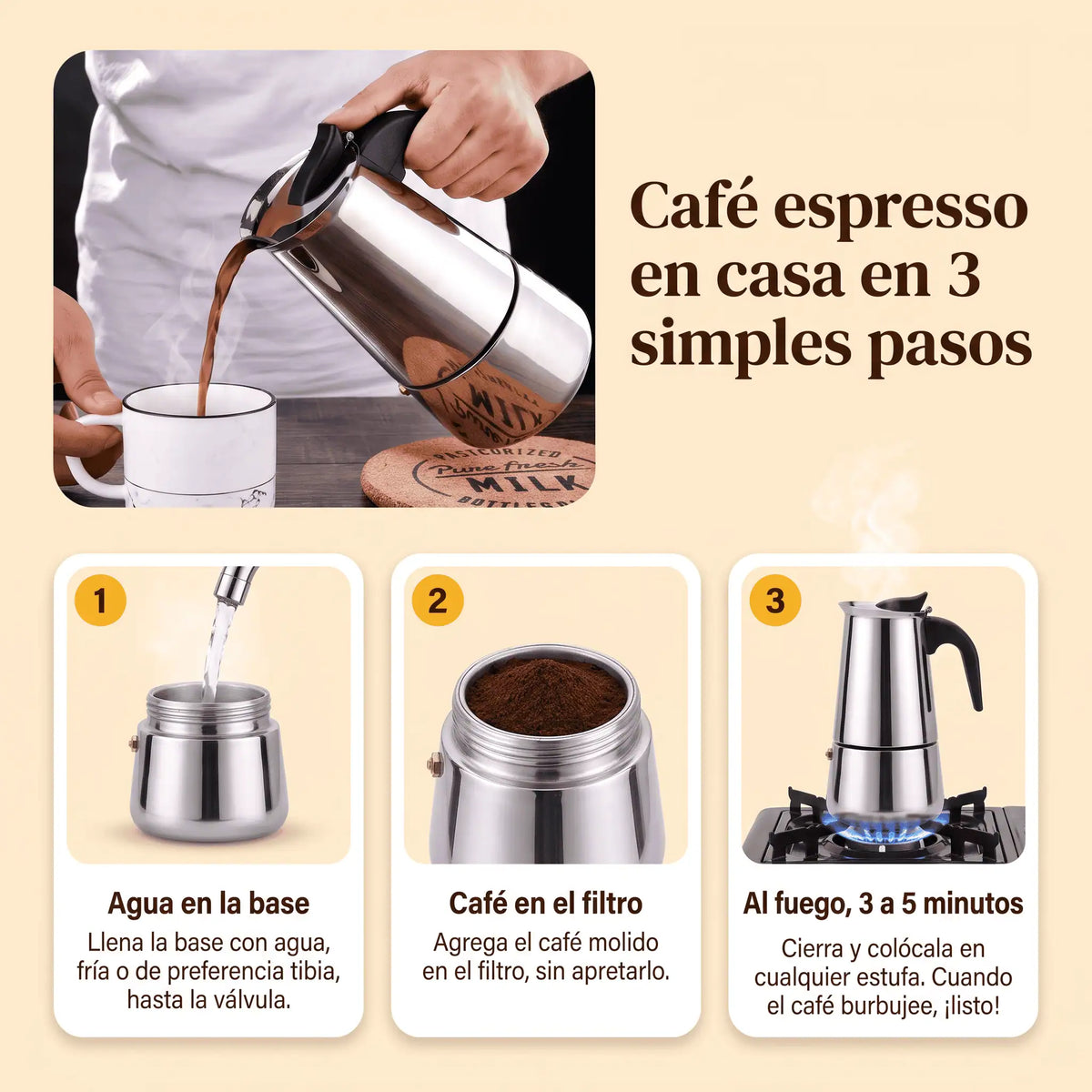 Combo Cafetera Moka de Acero